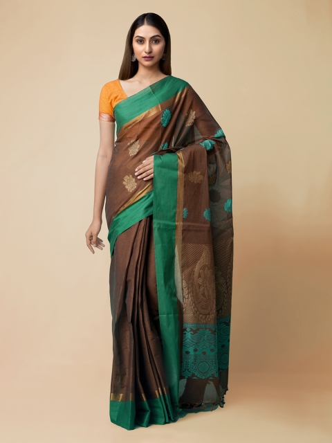 

Unnati Silks Brown & Green Pure Cotton Woven Design Uppada Saree