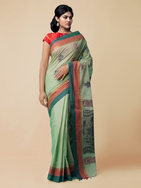 

Unnati Silks Green Pure Cotton Woven Design Handloom Uppada Saree