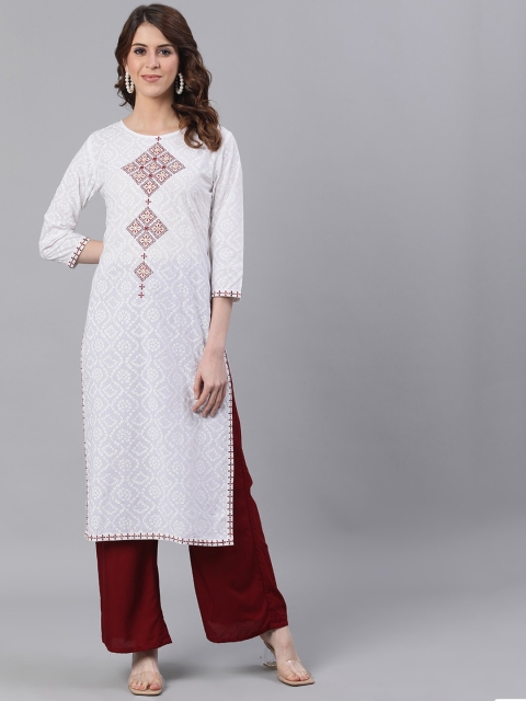 

Ishin White & Maroon Bandhani Embroidered Thread Work Kurta