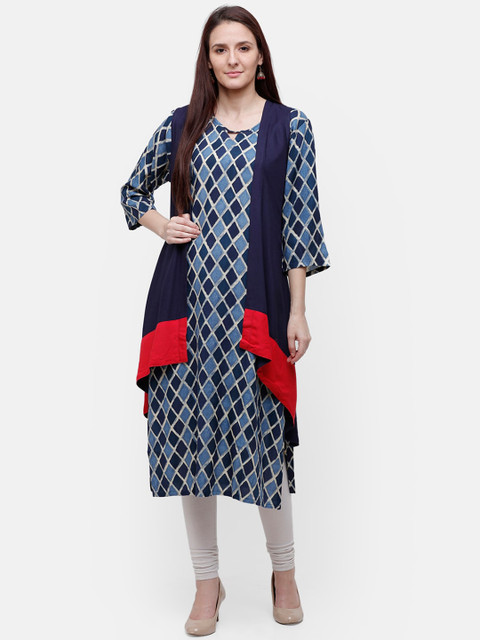 

Rasada Women Navy Blue Geometric Printed Layered Kurta