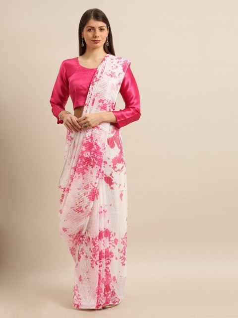 

Mitera White & Pink Poly Georgette Printed Saree