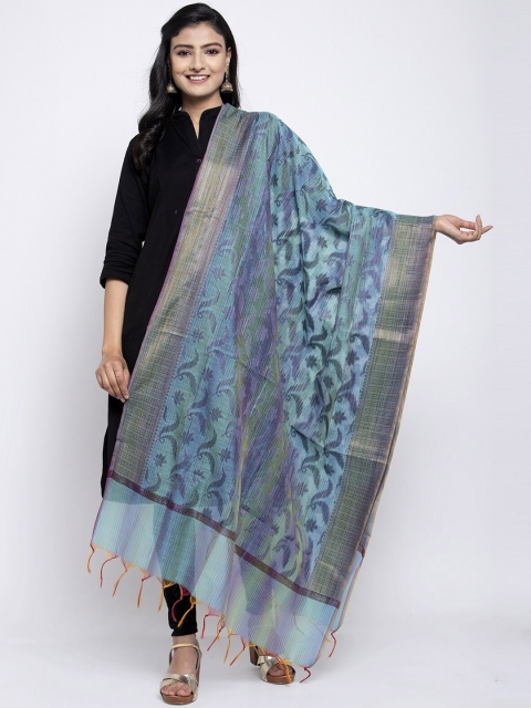 

LOOM LEGACY Blue & Purple Banarsi Cotton Silk Jacquard Dupatta
