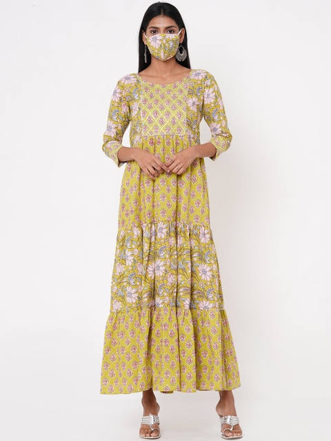 

FASHOR Women Green Printed Fit and Flare Dress
