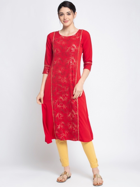

ALC Creations Red Floral Printed Crepe Round Neck Regular Sleeves Kurta