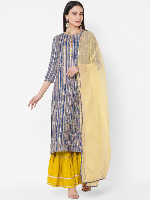 

FASHOR Women Blue & Mustard Striped Kurta with Sharara & Dupatta