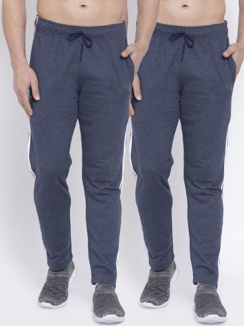 

NEUDIS Men Pack Of 2 Blue Solid Structured-Fit Cotton Track Pants
