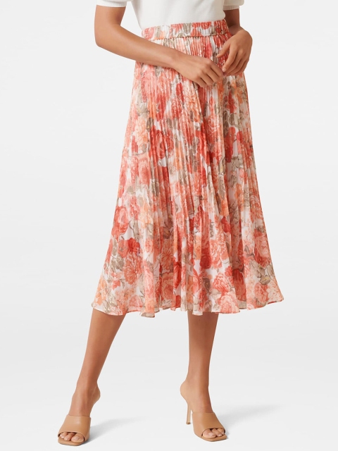 

Forever New Women White & Peach-Colored Floral Print A-line Midi Skirt