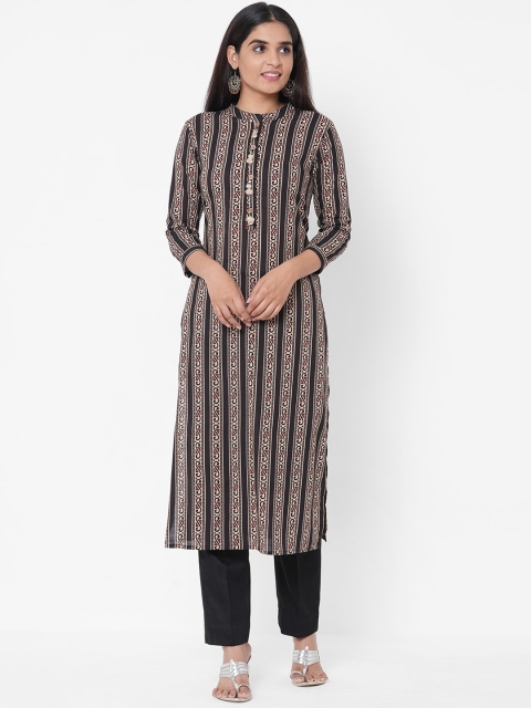 FASHOR Black Striped Mandarin Collar Regular Sleeves Kurta
