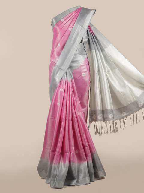 

Pothys Pink & Grey Linen Blend Printed Saree With Tasselled Pallu