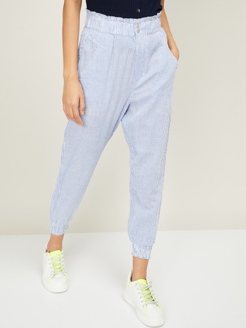Ginger by Lifestyle Women Blue & White Regular Fit Striped Joggers