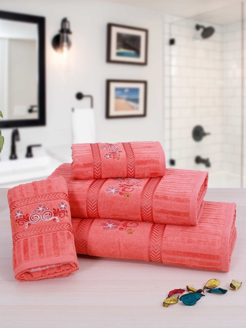 

RANGOLI Unisex Set Of 4 Orange & Red Embroidered 380 GSM Towels