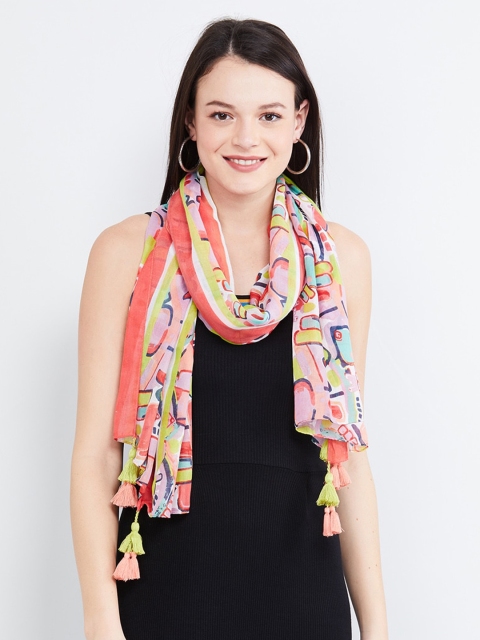 

max Women Peach-Coloured & Green Printed Scarf