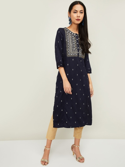 

Melange by Lifestyle Navy Blue Ethnic Motifs Embroidered Kurta