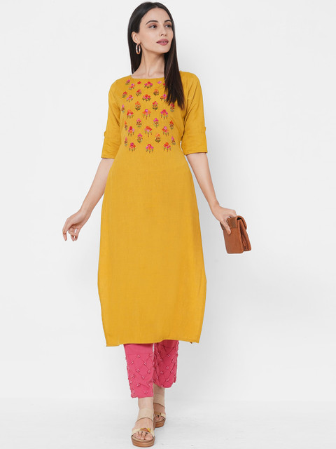 

FASHOR Mustard Yellow Floral Embroidered Thread Work Kurta