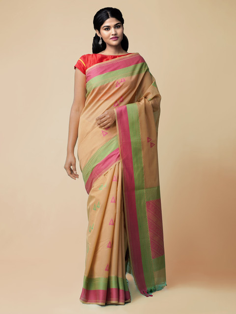 

Unnati Silks Brown & Pink Silk Cotton Woven Design Baluchari Sustainable Saree