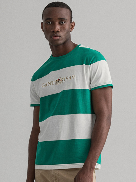

GANT Men Green & White Striped Round Neck T-shirt