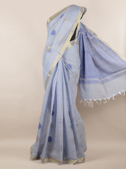 

Pothys Blue & Gold-Toned Linen Blend Woven Design Saree With Tasselled Pallu