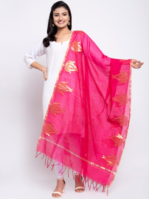 

LOOM LEGACY Fuchsia & Gold-Toned Banarsi Cotton Silk Jacquard Dupatta