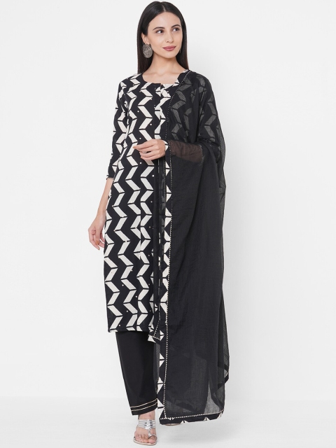 

FASHOR Women Black & White Printed Kurta with Churidar & Dupatta