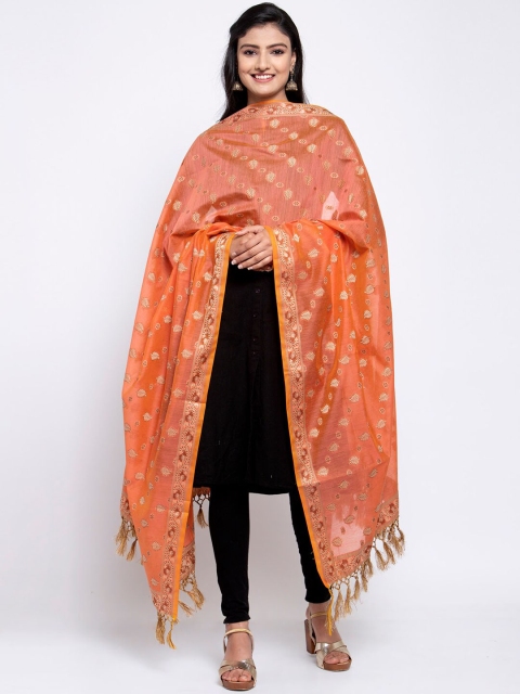

LOOM LEGACY Orange & Gold-Toned Banarsi Cotton Silk Jacquard Dupatta