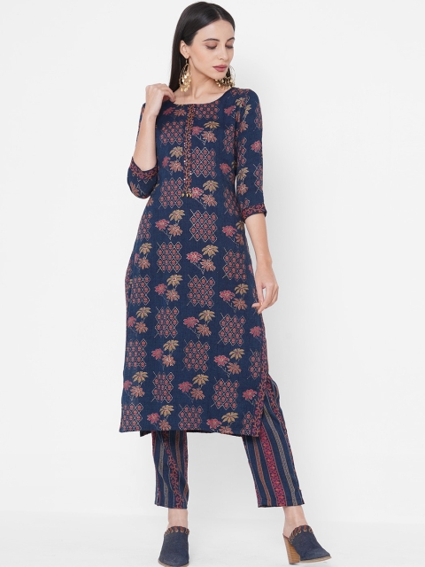

FASHOR Women Navy Blue Printed Kurta with Palazzos