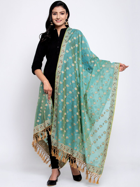 

LOOM LEGACY Turquoise Blue & Gold-Toned Banarsi Cotton Silk Jacquard Dupatta