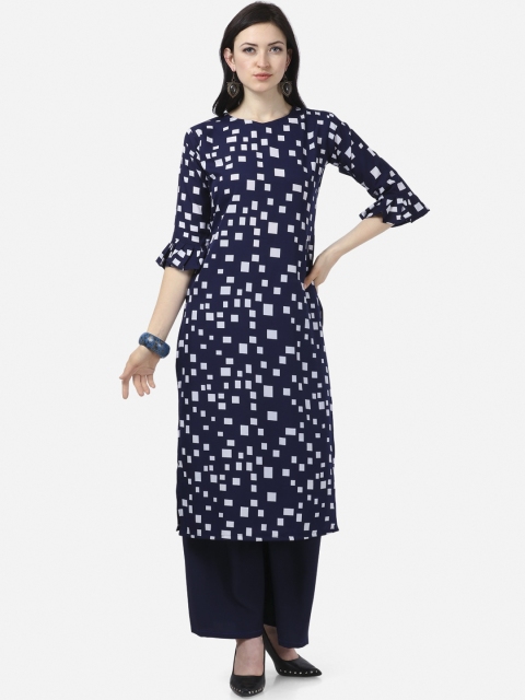 

Silk Bazar Navy Blue Geometric Printed Bell Sleeves Crepe Kurta