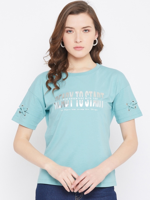 

Octave Women Turquoise Blue Printed Round Neck T-shirt