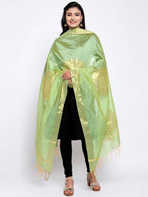

LOOM LEGACY Lime Green & Gold-Toned Banarsi Cotton Silk Jacquard Dupatta