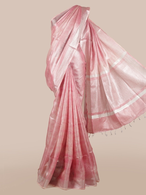 

Pothys Pink & Silver-Toned Linen Blend Solid Saree