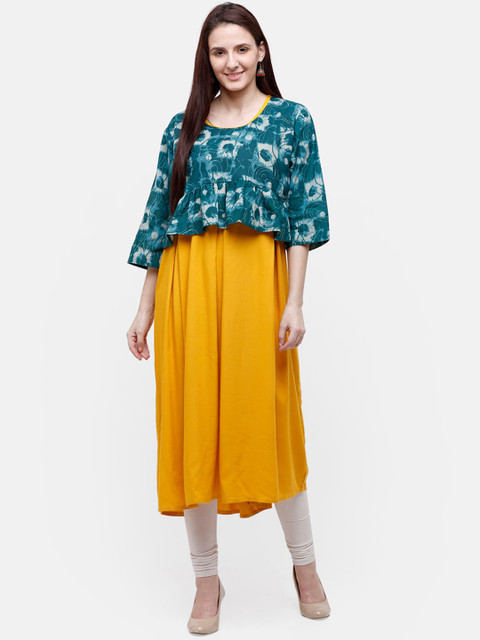 

Rasada Women Mustard Yellow & Green Colourblocked A-Line Kurta