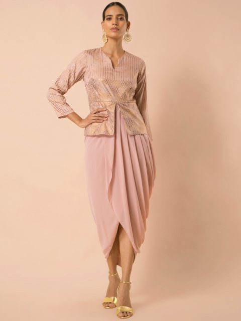 

INDYA Blush Asymmetric Draped Peplum Tunic, Pink
