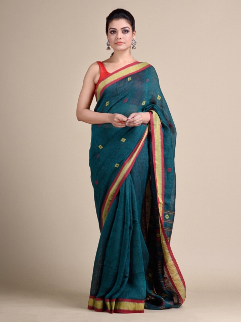 

Mitera Teal Solid Pure Linen Saree