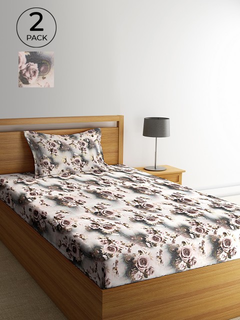 

KLOTTHE White & Grey Floral 210 TC Polycotton 2 Single Bedsheet with 2 Pillow Covers