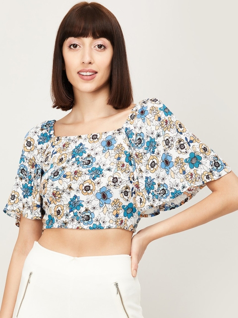 

Ginger by Lifestyle Off White & Blue Floral Printed Flared Sleeves Crop Top