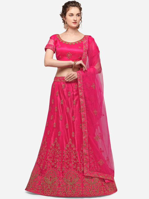 

V SALES Pink Embroidered Semi-Stitched Lehenga & Unstitched Blouse with Dupatta