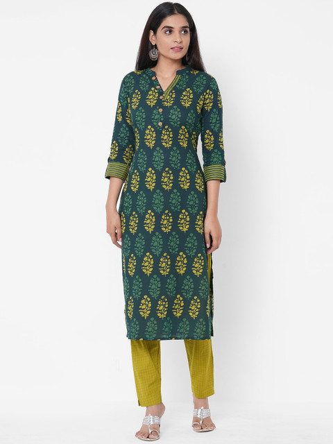 

FASHOR Green Floral Printed Band Collar Regular Sleeves Kurta