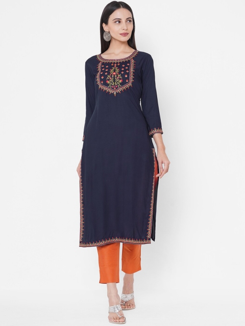Fashor Women Blue Floral Yoke Design Thread Work Kurta