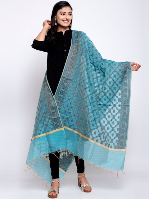 

LOOM LEGACY Turquoise Blue & Grey Banarsi Cotton Silk Jacquard Dupatta