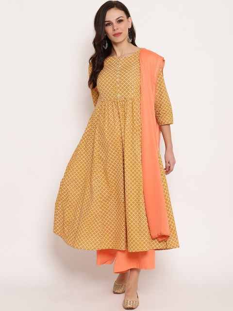 

Ramas Women Mustard Yellow & White Printed Cotton Kurta with Palazzos & Dupatta