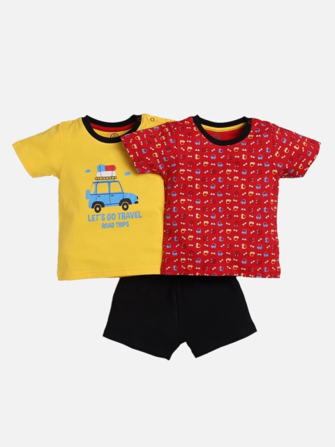 TAMBOURINE Boys Pack Of 2 Yellow & Red Printed T-shirts with Shorts
