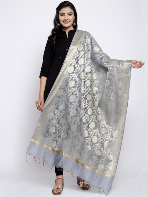 

LOOM LEGACY Grey & Gold-Toned Banarsi Cotton Silk Jacquard Dupatta