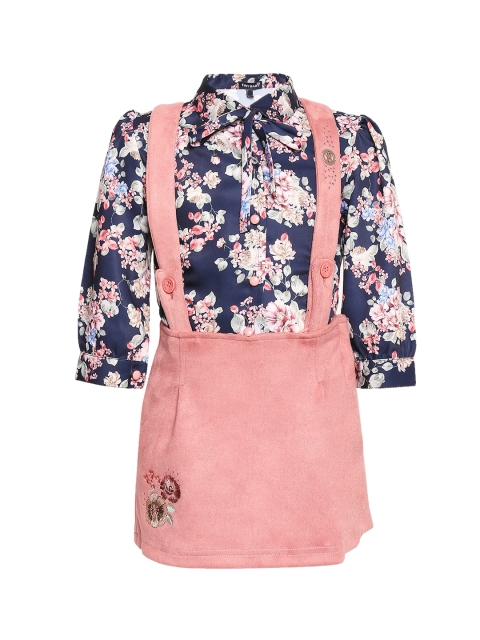 

Tiny Baby Girls Navy Blue & Peach-Coloured Printed Top with Skirt