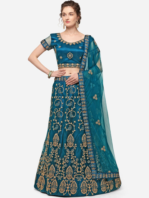 

V SALES Teal & Gold-Toned Embroidered Semi-Stitched Lehenga & Unstitched Blouse with Dupatta