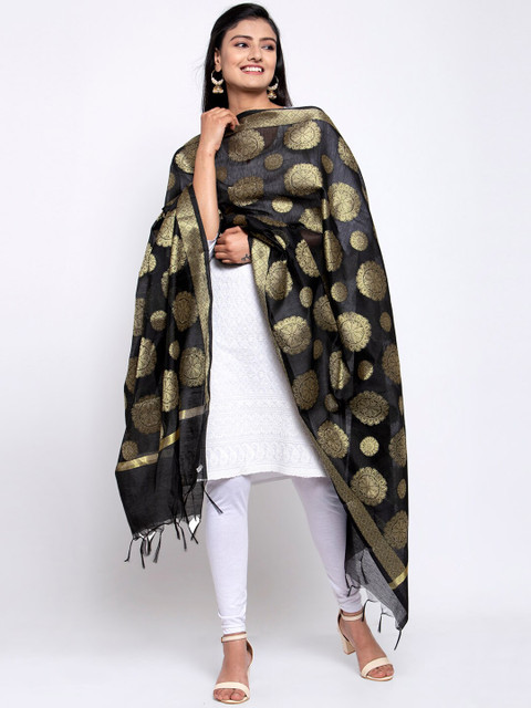 

LOOM LEGACY Black & Gold-Toned Banarsi Cotton Silk Jacquard Dupatta