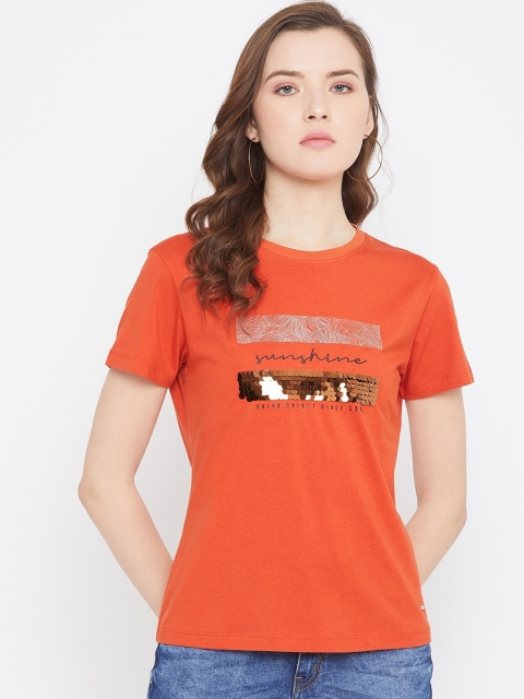 

Octave Women Orange Typographic Printed Round Neck T-shirt With Sequin Work