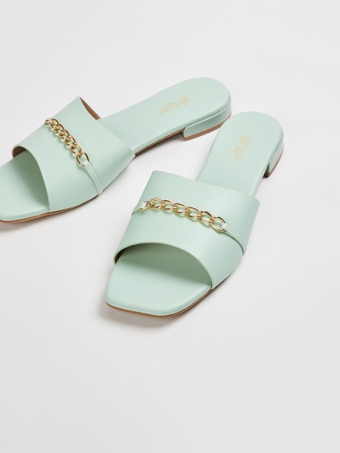 

Ginger by Lifestyle Women Green Solid PU Open Toe Flats