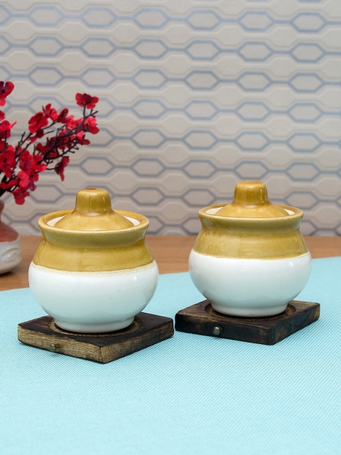 

WISHTANK Set of 2 Brown & White Hand Crafted Ceramic Pickle Jars With Lids