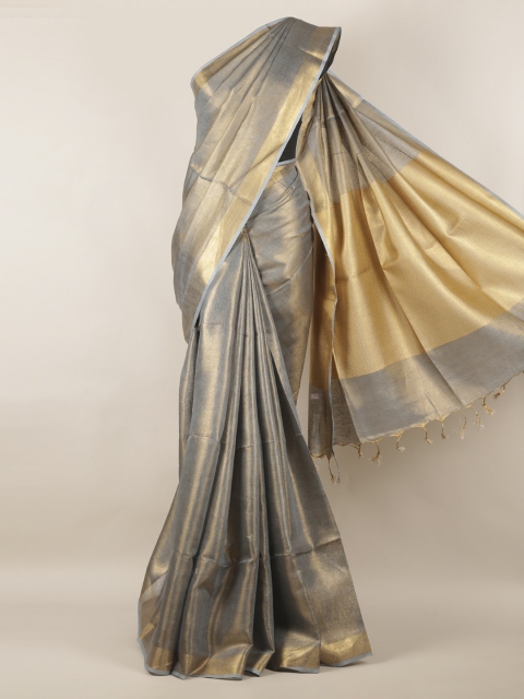 

Pothys Grey & Gold-Toned Linen Blend Solid Saree With Zari Border