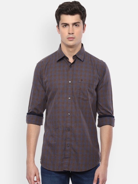 Van Heusen Sport Men Brown & Blue Slim Fit Checked Cotton Casual Shirt